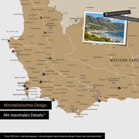 Detail of a South Africa map as a Push Pin Map in a minimalist design and multicolor beige, showing travel destinations marked with pins in the region around Cape Town. Photos can also be attached to the Push Pin Map.
