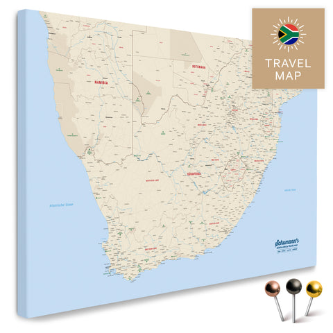 Südafrika-Landkarte in Farbe Multicolor Classic als Pinn-Leinwand, mit Pins zur Markierung von Reisezielen, hochwertig in Deutschland gefertigt.