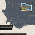 Detail of a South Africa map as a Push Pin Map in a minimalist design and Navy Light color, showing travel destinations marked with pins in the region around Cape Town. Photos can also be attached to the Push Pin Map.