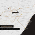 South Africa map in black and white with pins and string marking travel destinations and the travel route in Lesotho and KwaZulu-Natal.
