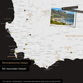 Detail of a South Africa map as a Push Pin Map in a minimalist design and black-and-white color, showing travel destinations marked with pins in the region around Cape Town. Photos can also be attached to the Push Pin Map.