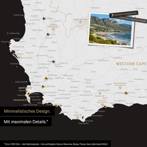Detail of a South Africa map as a Push Pin Map in a minimalist design and black-and-white color, showing travel destinations marked with pins in the region around Cape Town. Photos can also be attached to the Push Pin Map.