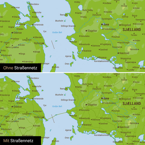 Topografische Dänemark-Karte Pinn-Leinwand in Multicolor Topo mit optional  eingedrucktem Straßennetz aus Autobahnen und Landstraßen