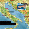 Moderne topografische Europa Landkarte als Pinn-Leinwand zeigt einen Ausschnitt von Italien, Kroatien und Griechenland, in der bereits besuchte Reiseziele durch Pins markiert sind