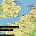 Topografische Europa Landkarte als Leinwand zum Pinnen zeigt einen Ausschnitt von England, Frankreich und Belgien mit vielen Details wie Nationalparks, Flüssen und zahlreichen kleinen Orten und Städten, die teilweise mit Pins markiert sind