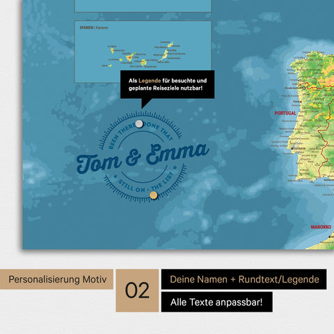 Personalisierte topografische Magnet-Europakartemit rundem Logo, das eine Legende für bereits besuchte Reiseziele beinhaltet