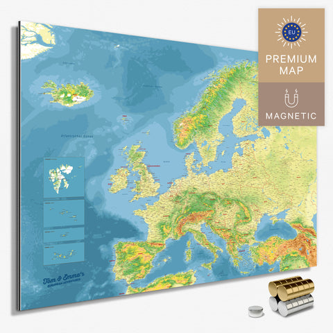 Magnetische topografische Europakarte in einem modernen, minimalistischem Design als Magnetboard zum Pinnen und Markieren von Reisezielen kaufen