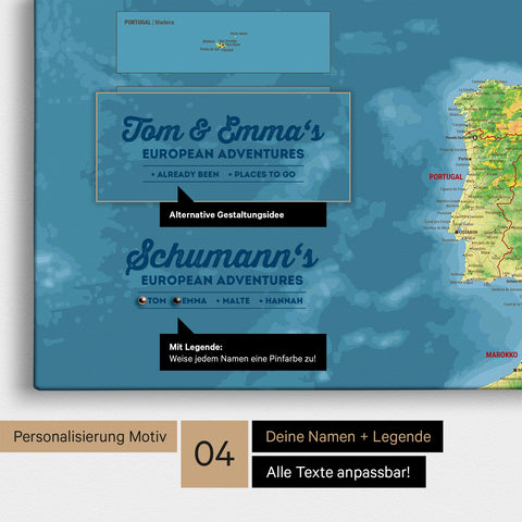 Topografische Europa Landkarte als Leinwand mit Personalisierung als Logo mit Familiennamen und Legende für Orte, die man bereits besucht hat und noch besuchen möchte