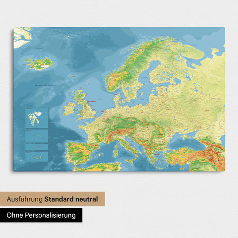 Neutrale Standard Ausführung der detaillierten topografischen Europakarte als Pinnwand Leinwand ohne Personalisierung