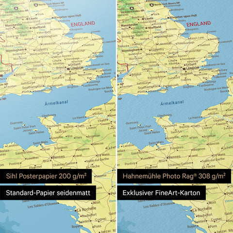 Topografische Europakarte Poster erhältlich in den Papiersorten Sihl Posterpapier seidenmatt oder Hahnemühle Photo Rag