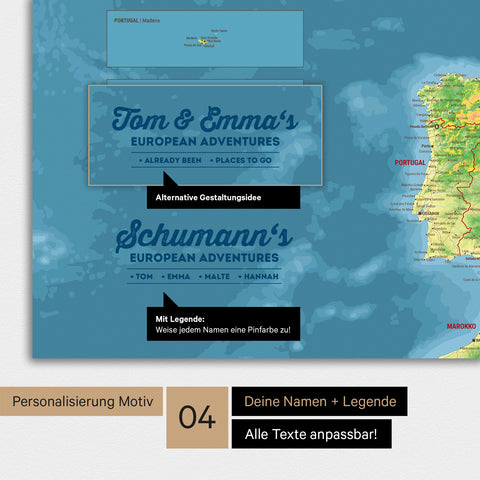 Topografische Europakarte als Poster mit Personalisierung als Logo mit Familiennamen und Legende für Orte, die man bereits besucht hat und noch besuchen möchte