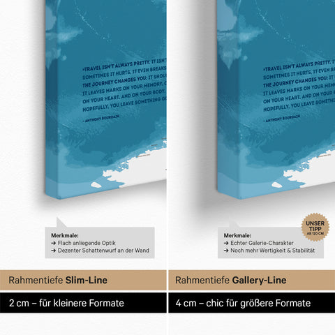 Topografische Weltkarte mit Antarktis als Pinn-Leinwand mit einer Keilrahmen-Tiefe von 2 cm oder 4 cm