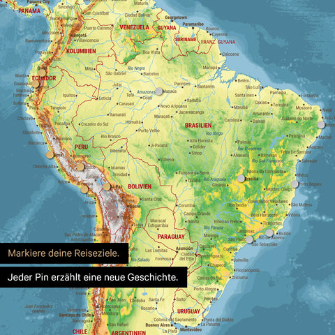 Pinnen von Reisezielen auf einer magnetischen topografischen Weltkarte als Magnetposter in Multicolor Topo