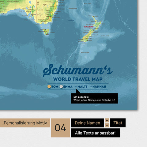 Magnetische topografische Weltkarte in Multicolor Topo mit Personalisierung als Logo mit Familiennamen