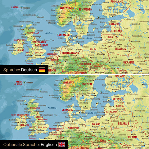 Vergleich einer topografischen Weltkarte Leinwand in Multicolor Topo in deutscher oder optional in englischer Sprache