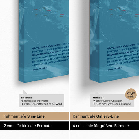 Topografische Weltkarte als Pinn-Leinwand mit einer Keilrahmen-Tiefe von 2 cm oder 4 cm