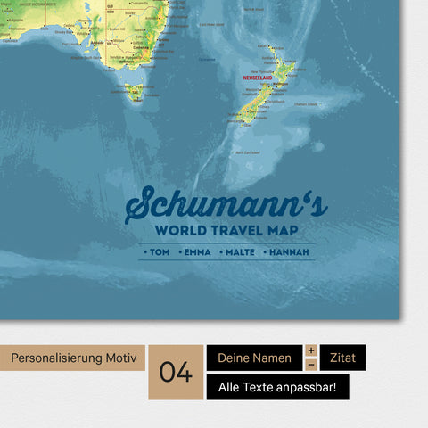 Poster topografische Weltkarte in Multicolor Topo mit Personalisierung als Familien-Logo