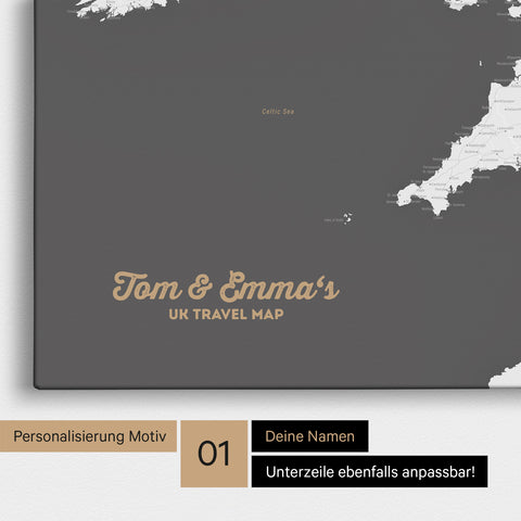 UK-Karte Pinn-Leinwand in Farbe Dunkelgrau mit personalisiertem Text