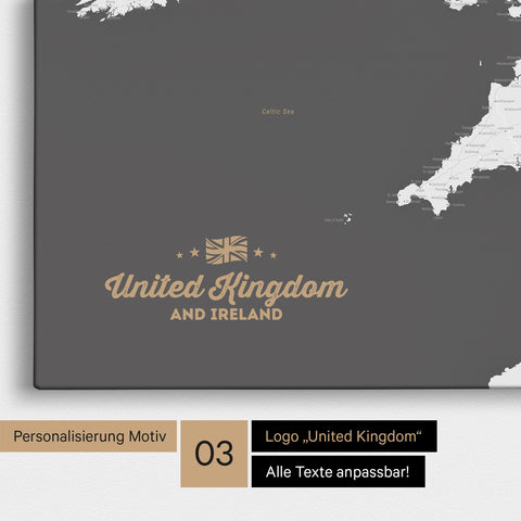 Karte von Großbritannien in Farbe Dunkelgrau als Leinwand zum Pinnen mit einer optionalen Personalisierung „United Kingdom“