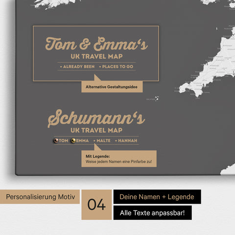 England-Karte als Leinwand zum Pinnen in Farbe Dunkelgrau mit Personalisierung in Form eines Logos für Familiennamen