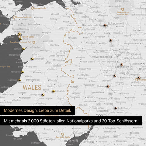 Ausschnitt einer Landkarte von Wales und England in Farbe Dunkelgrau mit Pins zur Markierung von besuchten Reisezielen