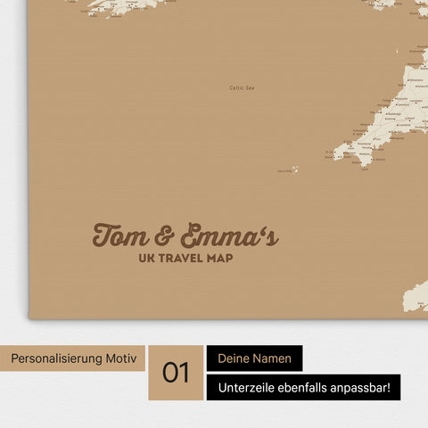 UK-Karte Pinn-Leinwand in Farbe Treasure Gold (Gold-Beige) mit personalisiertem Text