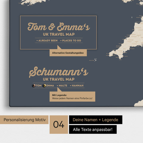 England-Karte als Leinwand zum Pinnen in Farbe Hale Navy (Dunkelblau-Gold) mit Personalisierung in Form eines Logos für Familiennamen