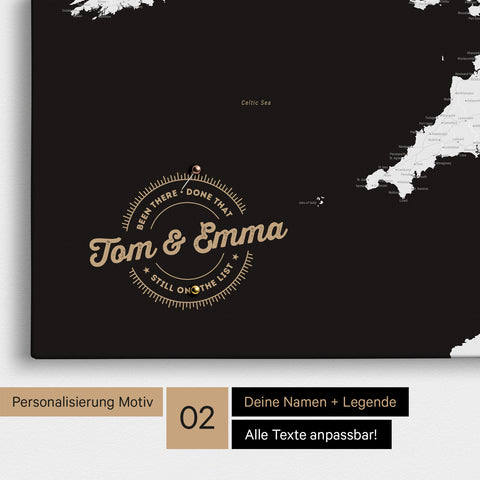 Personalisierte England-Karte als Pinn-Leinwand in Farbe Schwarz-Weiß mit eingedruckten Namen und einer Legende zur Markierung von besuchten Orten