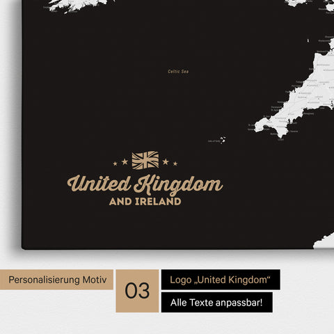 Karte von Großbritannien in Farbe Schwarz-Weiß als Leinwand zum Pinnen mit einer optionalen Personalisierung „United Kingdom“