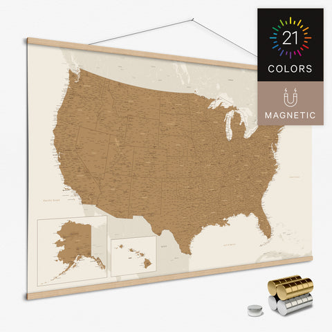 USA Amerika Landkarte als Magnet-Poster zum Markieren von besuchten Orten mit Magnet-Pins, erhältlich in 21 unterschiedlichen Farben
