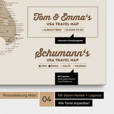 Detaillierte USA Amerika Karte als Pinn-Leinwand in Beige mit Personalisierung als Logo für die gesamte Familie