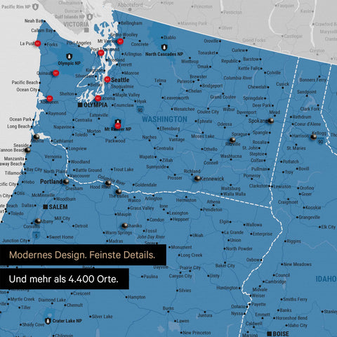 Ausschnitt einer USA Amerika Karte als Pinn-Leinwand in Blau zeigt Reiseziele und Highlights in Washington, Oregon und Idaho