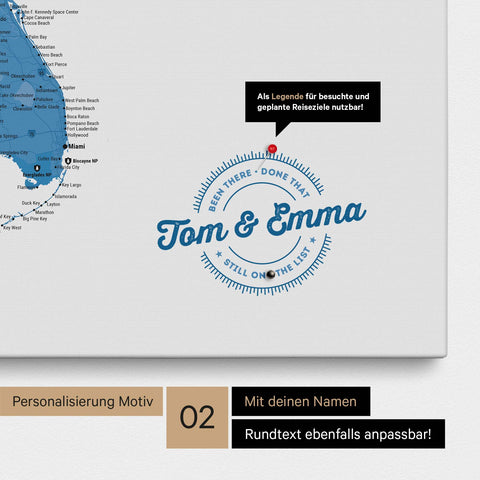 Personalisierte USA Amerika Karte als Leinwand in Blau mit eingedruckten Namen und einer Legende zur Markierung von besuchten Orten