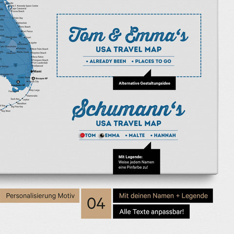 Detaillierte USA Amerika Karte als Pinn-Leinwand in Blau mit Personalisierung als Logo für die gesamte Familie