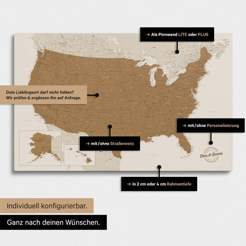 Vielfältige Konfigurationsmöglichkeiten einer USA Amerika Landkarte als Pinn-Leinwand in Farbe Bronze