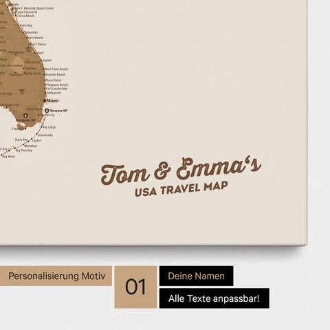 USA Amerika Karte mit hohem Detailgrad als Pinnwand Leinwand in Bronze mit Personalisierung und Eindruck mit deinem Namen