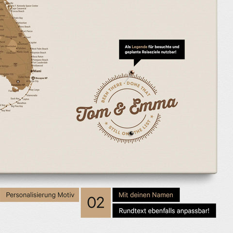 Personalisierte USA Amerika Karte als Leinwand in Bronze mit eingedruckten Namen und einer Legende zur Markierung von besuchten Orten