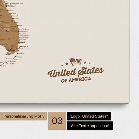 Pinnwand Leinwand einer USA Amerika Karte in Bronze mit eingedrucktem Logo „United States"