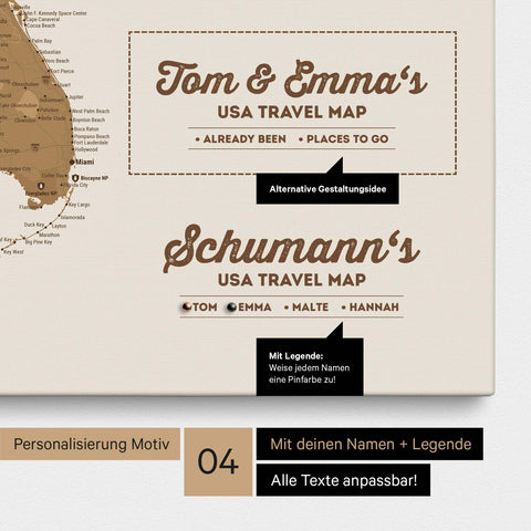 Detaillierte USA Amerika Karte als Pinn-Leinwand in Bronze mit Personalisierung als Logo für die gesamte Familie