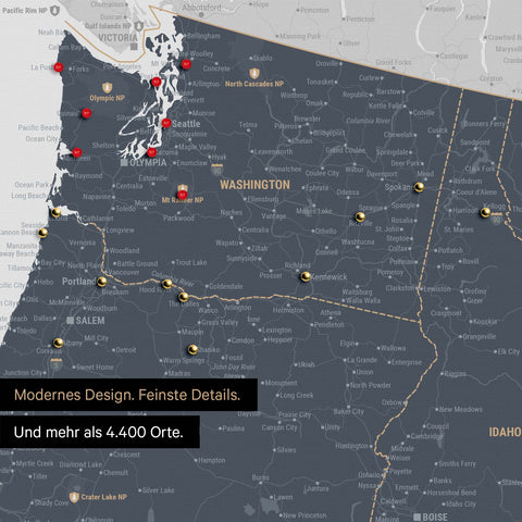 Ausschnitt einer USA Amerika Karte als Pinn-Leinwand in Denim Blue zeigt Reiseziele und Highlights in Washington, Oregon und Idaho