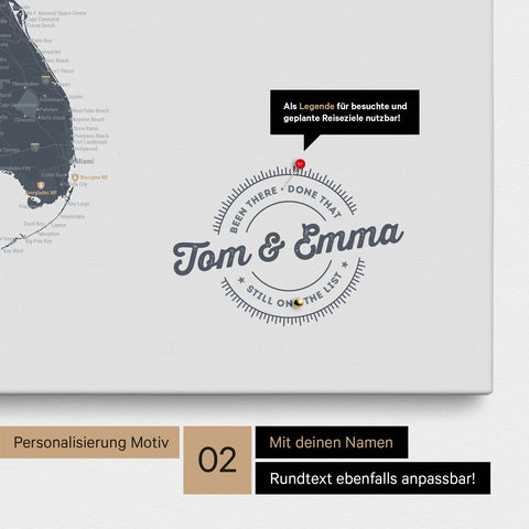 Personalisierte USA Amerika Karte als Leinwand in Denim Blue mit eingedruckten Namen und einer Legende zur Markierung von besuchten Orten