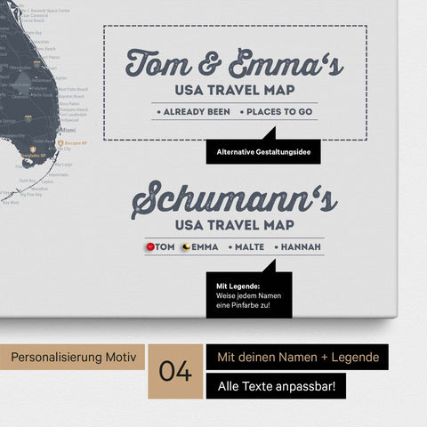 Detaillierte USA Amerika Karte als Pinn-Leinwand in Denim Blue mit Personalisierung als Logo für die gesamte Familie