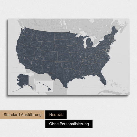 Neutrale und schlichte Ausführung einer USA Amerika Karte als Pinn-Leinwand in Denim Blue