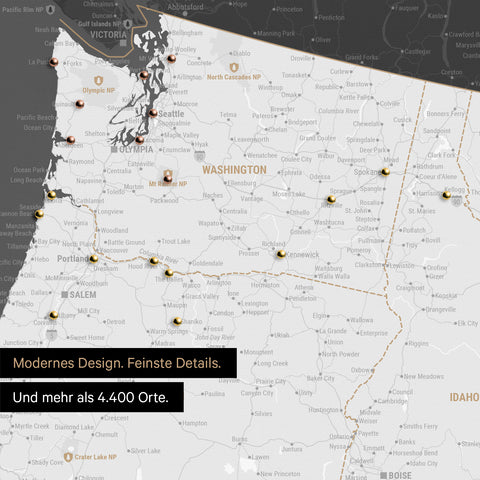 Ausschnitt einer USA Amerika Karte als Pinn-Leinwand in Dunkelgrau zeigt Reiseziele und Highlights in Washington, Oregon und Idaho
