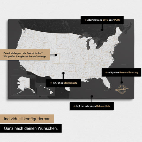 Vielfältige Konfigurationsmöglichkeiten einer USA Amerika Landkarte als Pinn-Leinwand in Farbe Dunkelgrau