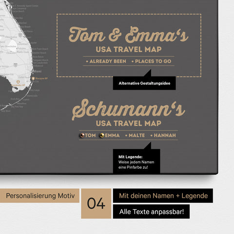 Detaillierte USA Amerika Karte als Pinn-Leinwand in Dunkelgrau mit Personalisierung als Logo für die gesamte Familie