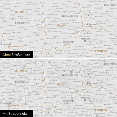 USA Amerika Karte Pinn-Leinwand in Dunkelgrau optional mit dem Straßennetz der größten Highways und Interstates