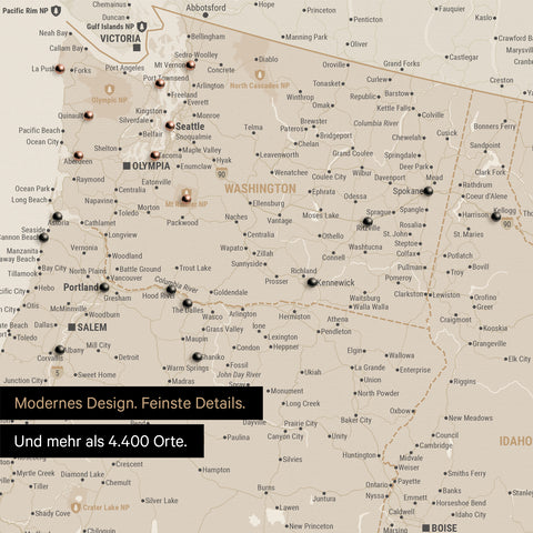 Ausschnitt einer USA Amerika Karte als Pinn-Leinwand in Gold zeigt Reiseziele und Highlights in Washington, Oregon und Idaho