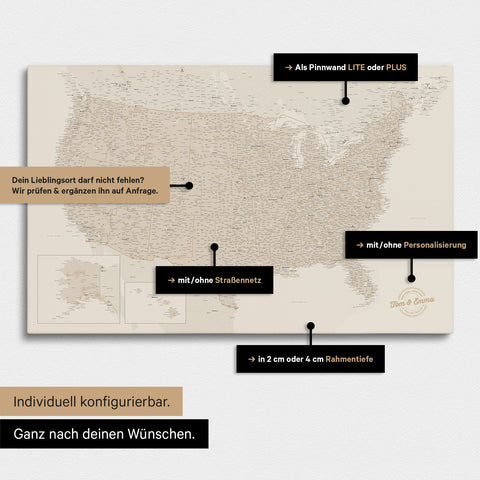 Vielfältige Konfigurationsmöglichkeiten einer USA Amerika Landkarte als Pinn-Leinwand in Farbe Gold