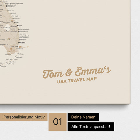 USA Amerika Karte mit hohem Detailgrad als Pinnwand Leinwand in Gold mit Personalisierung und Eindruck mit deinem Namen